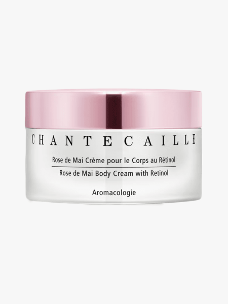 Chantecaille Rose de Mai Body Cream with Retinol in branded tub component on a light gray background