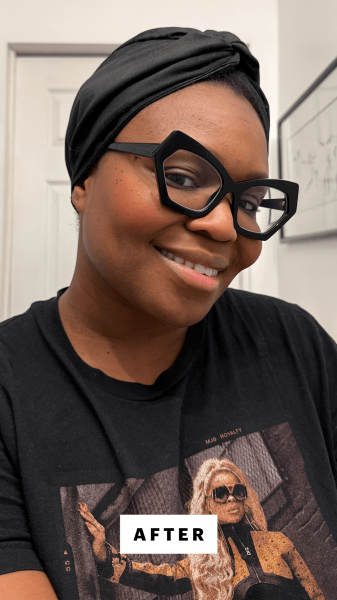 A selfie of Allure editor in chief Jessica Cruel after applying Danessa Myricks Yummy Blurring Balm Flushed in Primadonna