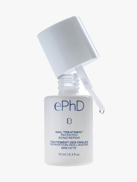 ePhD Bond Repair Nail Treatment white bottle of base coat with lid ajar on light gray background